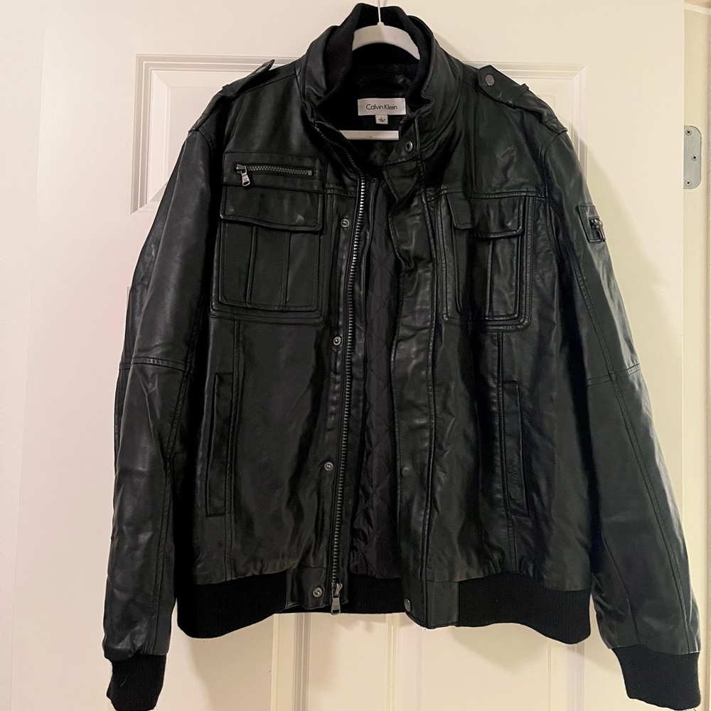 Calvin Klein Men’s Faux Leather Jacket with Six Exterior Pockets and Knit Trim